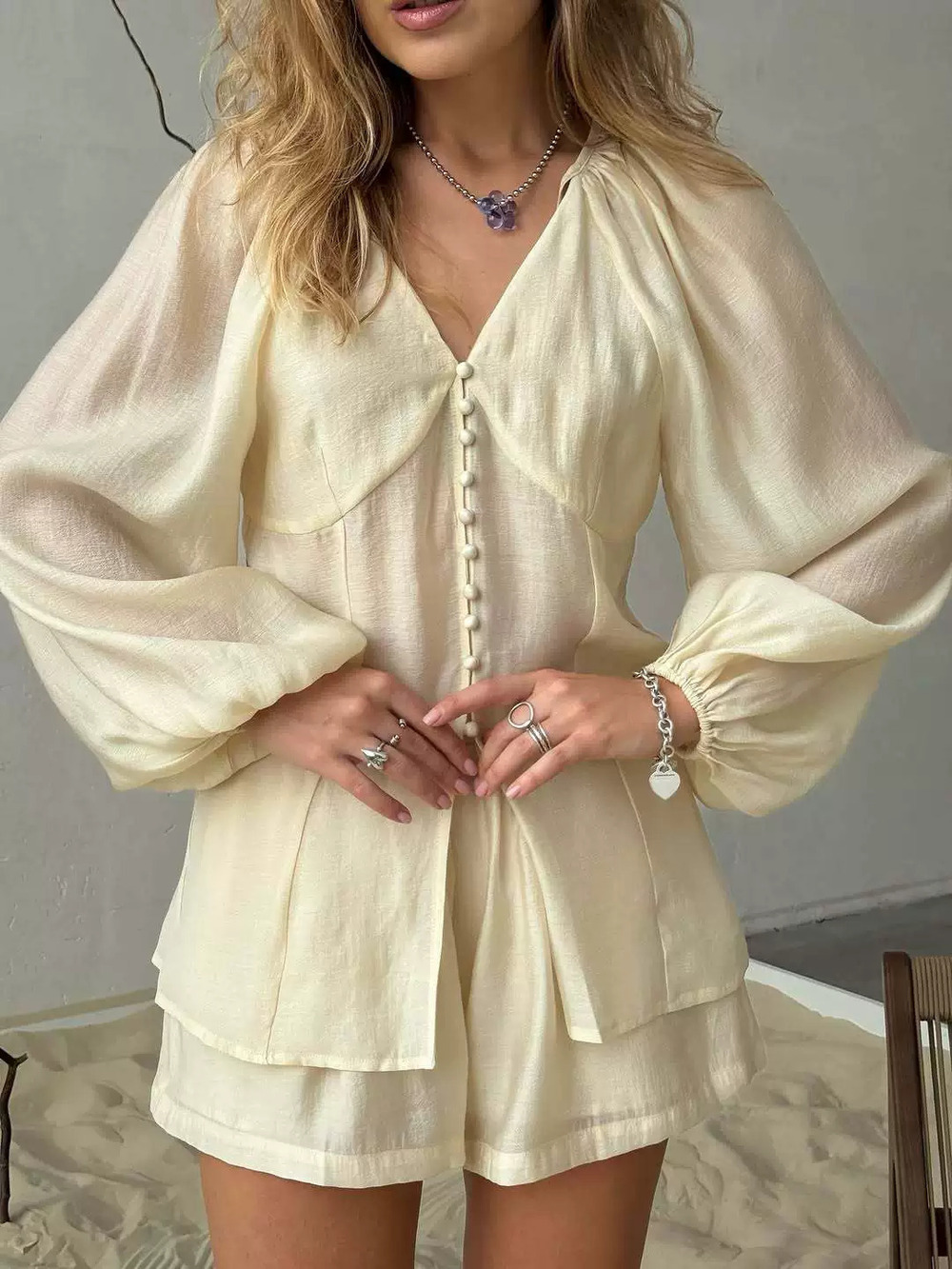 Zara Casual Fall Tie Front Button Blouse Puff Sleeve Shorts Set